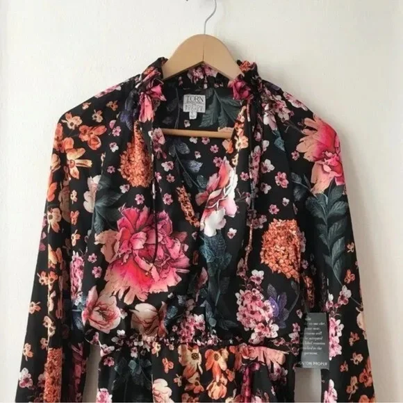 Torn By Ronny Kobo Black Floral Asymmetric Ruffled Mini Dress Size L - Picture 6 of 6